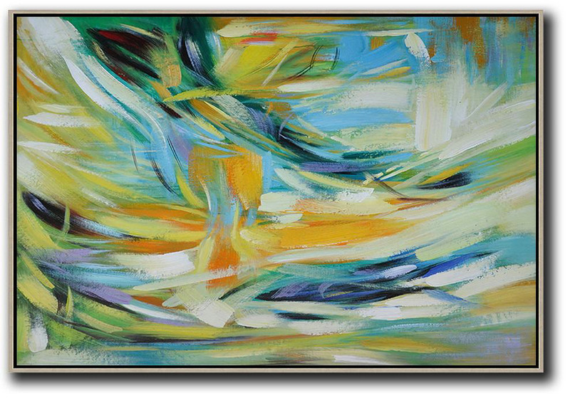 Extra Large Canvas Art,Oversized Horizontal Contemporary Art,Contemporary Art Wall Decor Yellow,Light Blue,Green,White